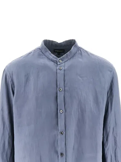 Emporio Armani Collarless Long-sleeve Shirt In Blue