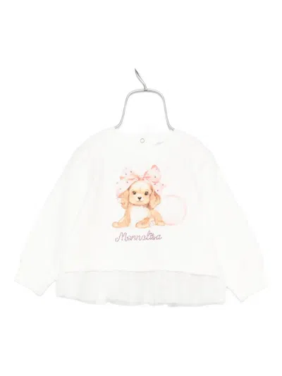 Monnalisa Puppy-print Tulle-trimmed Top In White