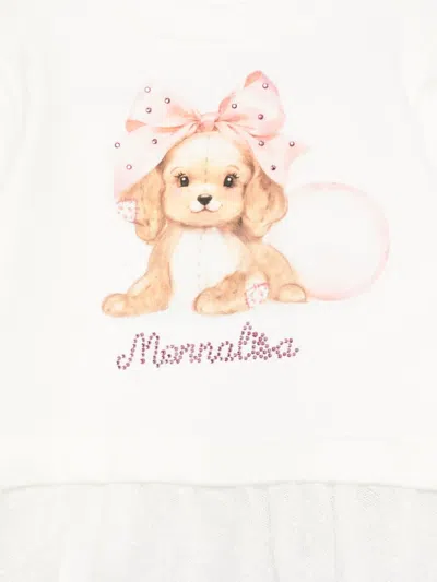 Monnalisa Puppy-print Tulle-trimmed Top In White
