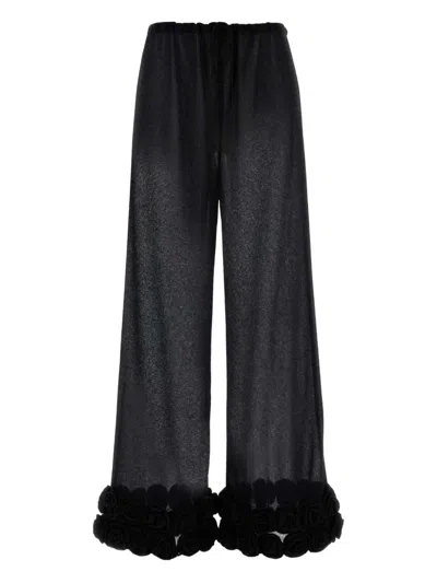 Oseree Feather-trimmed Velvet Wide-leg Pants In Black