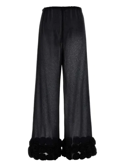 Oseree Feather-trimmed Velvet Wide-leg Pants In Black