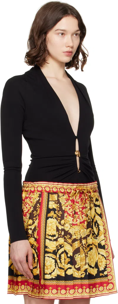 Versace Deep V Neck Pin Draped Bodysuit In Black