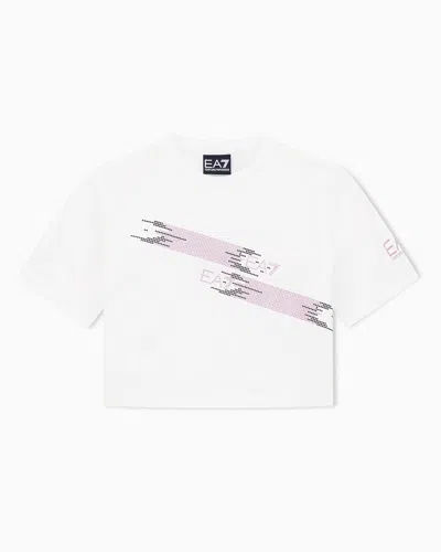 Ea7 Asv Logo Series Girl Crew-neck T-shirt In Stretch Organic Cotton Jersey In White