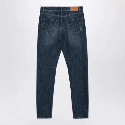 Brunello Cucinelli Distressed Denim With Faded Wash And Rips In Blue