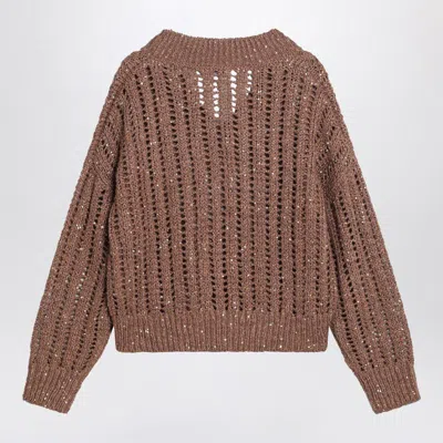 Brunello Cucinelli Dazzling Silk And Linen Openwork Rib Sweater In Brown
