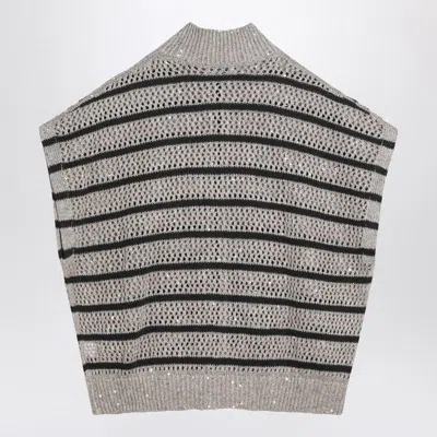 Brunello Cucinelli Beige Cardigan With High Neck And All-over Striped Motif In Gray