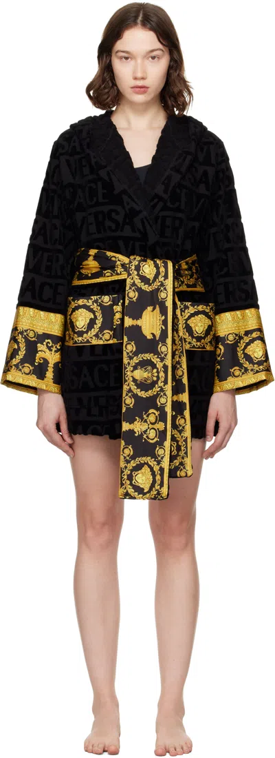 Versace Barocco-print Cotton Robe In Black