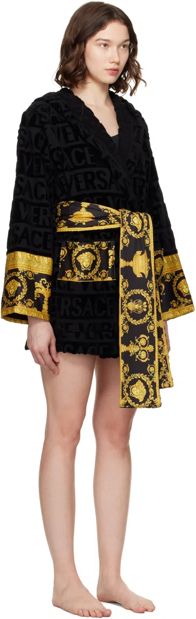 Versace Barocco-print Cotton Robe In Black