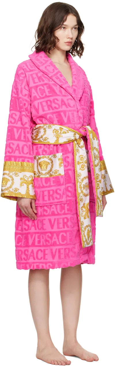 Versace I Heart Baroque Cotton Bath Robe In Pink