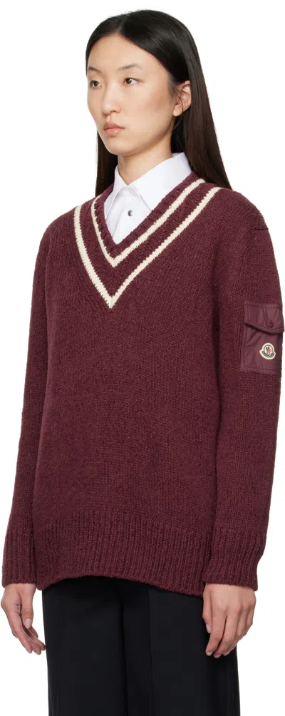 Moncler Burgundy Padded V-neck Sweater In Brown