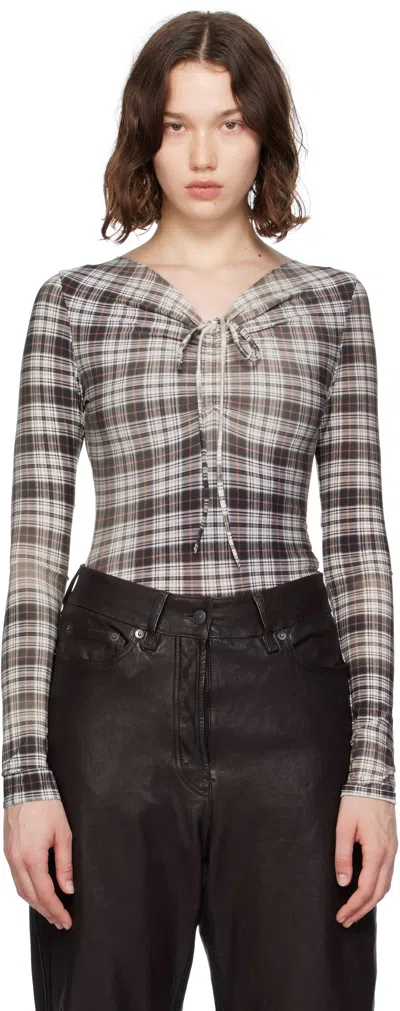 Acne Studios Ebrooke Faded Check Ruched V-neck Mesh Top In Gray