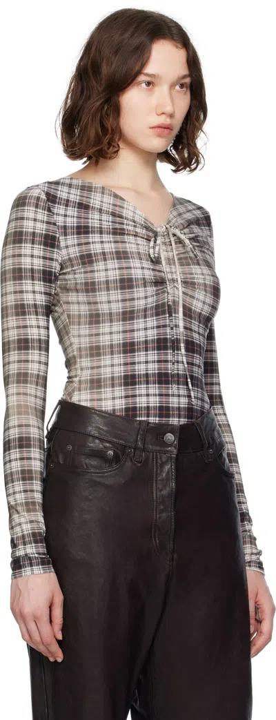Acne Studios Ebrooke Faded Check Ruched V-neck Mesh Top In Gray
