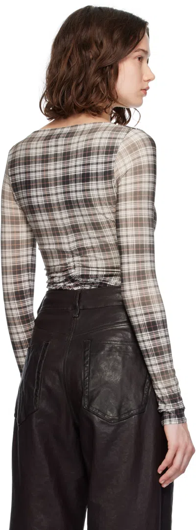 Acne Studios Ebrooke Faded Check Ruched V-neck Mesh Top In Gray
