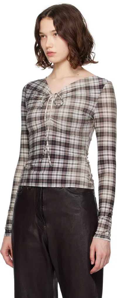 Acne Studios Ebrooke Faded Check Ruched V-neck Mesh Top In Gray