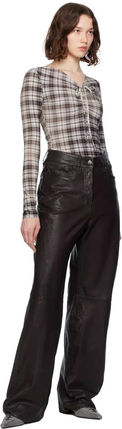 Acne Studios Ebrooke Faded Check Ruched V-neck Mesh Top In Gray