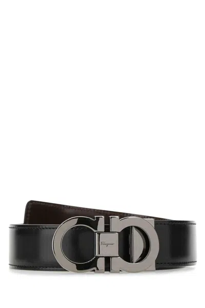 Ferragamo Adjustable Reversible Leather Belt With Textured Finish In Black