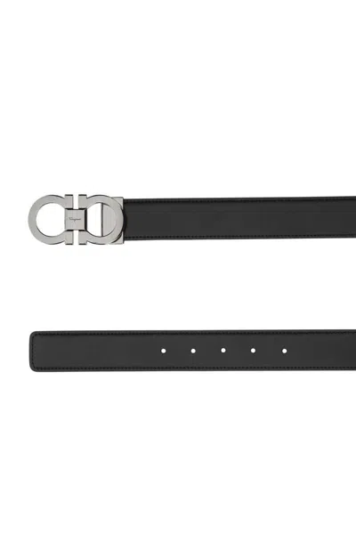 Ferragamo Adjustable Reversible Leather Belt With Textured Finish In Black