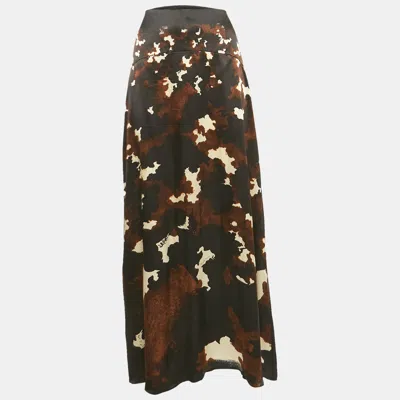 Pre-owned Roberto Cavalli Black/brown Printed Satin Silk Maxi Skirt L