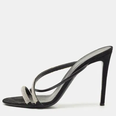 Pre-owned Giuseppe Zanotti Black Leather And Suede Crystal Embellished Slide Sandals Size 40
