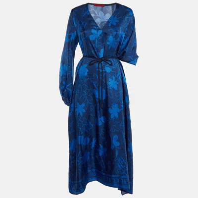 Pre-owned Ch Carolina Herrera Blue Logo Floral Print Silk Asymmetric Tunic L
