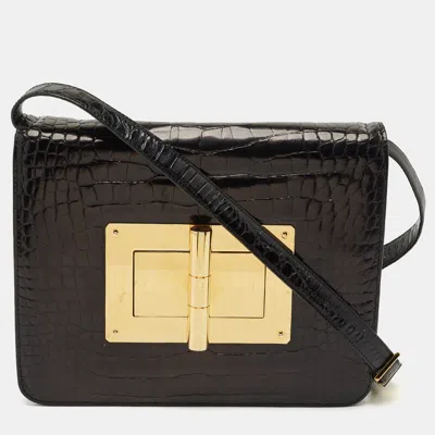 Pre-owned Tom Ford Black Shine Alligator Large Natalia Shoulder Bag