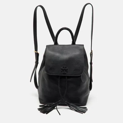 Pre-owned Tory Burch Black Leather Logo Flap Braided Tassel Backpack
