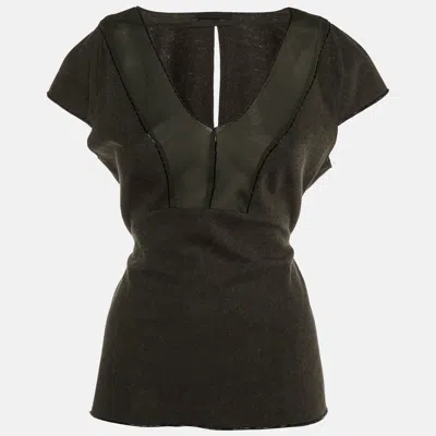 Pre-owned Prada Grey/green Wool & Silk Bead Detail Top L In Gray