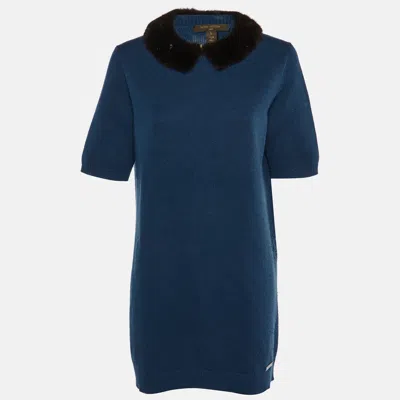 Pre-owned Louis Vuitton Blue Cashmere Knit Mink Collared Mini Dress L