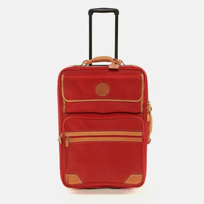 Pre-owned Lancel Red/tan Canvas And Leather Rolling Suitcase Luggage