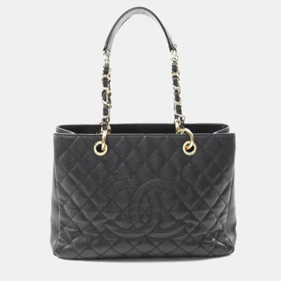 Pre-owned Chanel Matelasse Grand Shopping Gst Black Calf Grained Leather Chain Tote Bag Ghw