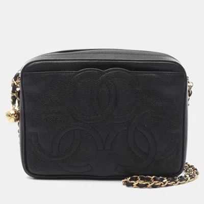 Pre-owned Chanel Cc Triple Coco Mark Black Calfskin Crossbody Chain Shoulder Bag Ghw