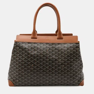 Pre-owned Goyard Belle Chasse Mm Herringbone Pattern Black Brown Coated Canvas Leather Tote