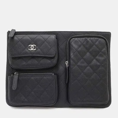 Pre-owned Chanel Matelasse Coco Mark Multi-pocket Black Caviar Skin Clutch Bag