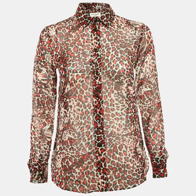 Pre-owned Saint Laurent Red Leopard Print Silk Sheer Shirt S