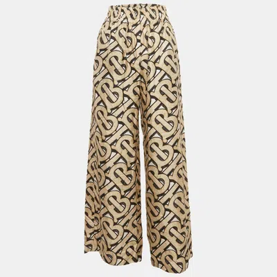 Pre-owned Burberry Beige Monogram Print Silk Trousers Xs In Sand