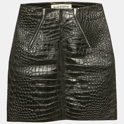 Pre-owned Saint Laurent Black Croc Patterned Leather Mini Skirt S