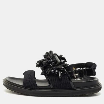 Pre-owned Marni Black Fabric And Patent Embellished Flat Slingback Sandals Size 38