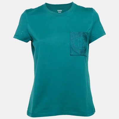 Pre-owned Hermes Green Cotton H Embroidered Pocket Detail T-shirt M
