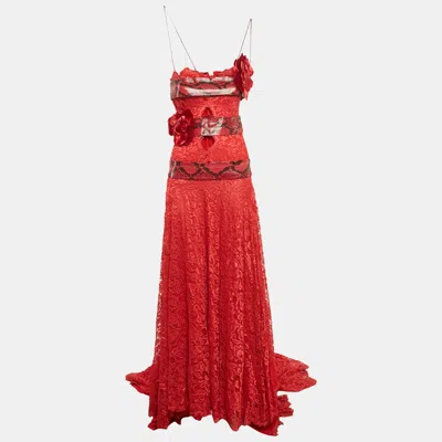 Pre-owned Dolce & Gabbana Red Snakeskin Leather Trim Lace Slit Detail Gown S