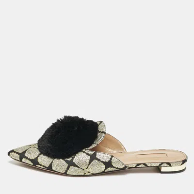 Pre-owned Aquazzura Black/gold Floral Lurex Fabric Powder Puff Pom Pom Flat Mules Size 39