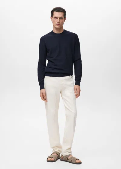 Mango Man Microstructured Cotton Knitted Sweater Navy