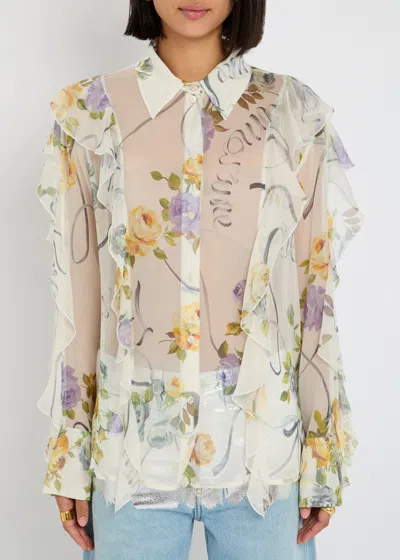 Blumarine Floral Semi-sheer Silk-chiffon Shirt In Multi