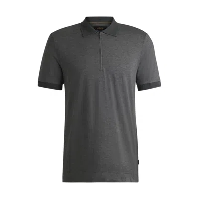 Hugo Boss Zip-placket Polo Shirt In Cotton And Silk In Gray