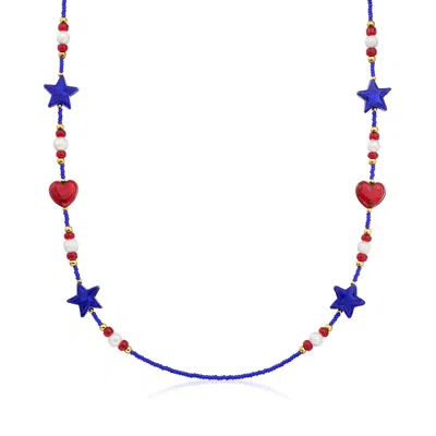 Ross-simons Italian Red And Blue Murano Glass Patriotic Bead And 6.5-7mm Cultured Pearl Necklace With 18kt Gold 