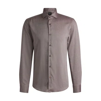 Hugo Boss Casual-fit Shirt In Herringbone Twill In Brown