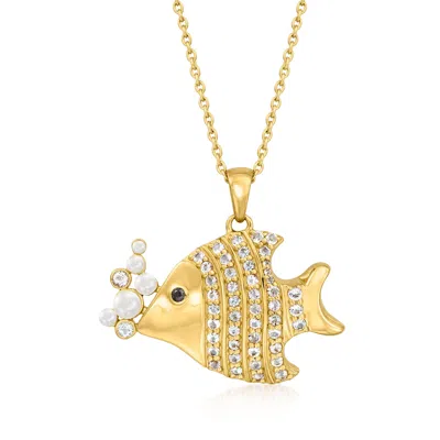 Ross-simons White Topaz Fish Pendant Necklace With 2-4mm Cultured Pearls And Single Black Spinel In 18kt Gold Ov