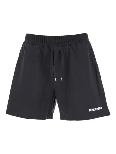 Dsquared2 Black Bermuda With Elastic Waist And Drawstring And Logo On The Front In Cotton Man In Black