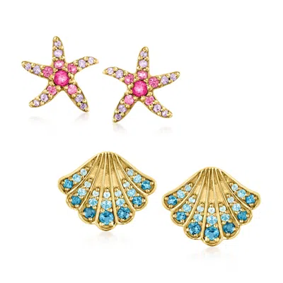 Ross-simons Multi-gemstone Jewelry Set: 2 Pairs Of Sea Life Earrings In 18kt Gold Over Sterling
