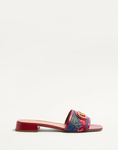 Valentino Garavani Vlogo Signature Denim Slide Sandal With Cherryfic Embroidery 20mm Woman Denim/mul