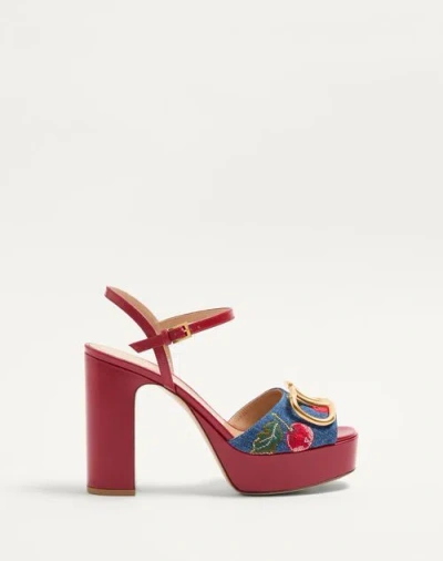 Valentino Garavani Vlogo Signature Platform Denim Sandal With Cherryfic Embroidery 115mm Woman Denim In Red